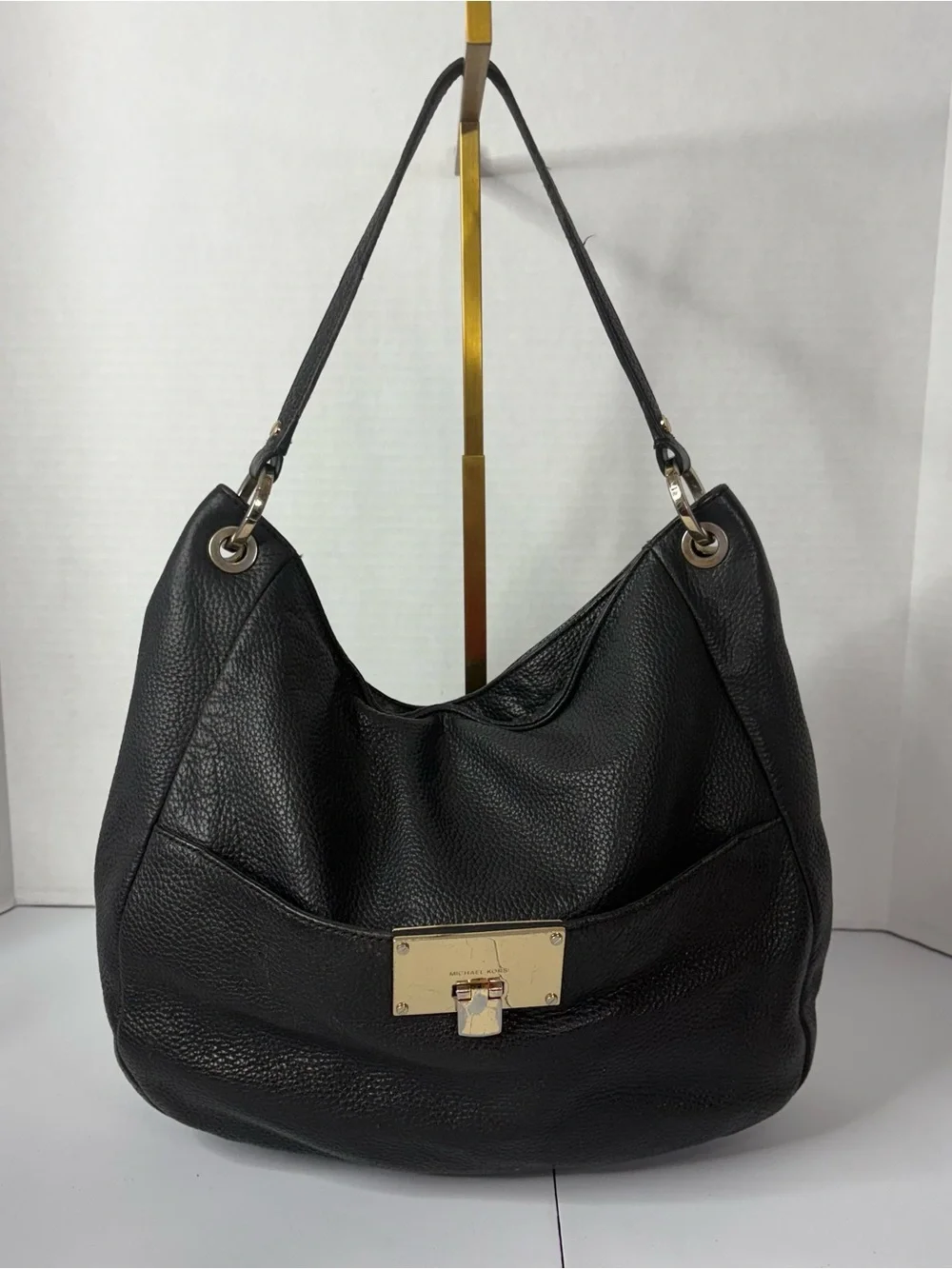 Michael Kors Black Pebbled Leather Hobo Shoulder Bag with Gold Hardware